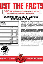 Nutrition label for MuscleMeds Carnivor Mass Big Steer 1250, showcasing protein content and instructions.